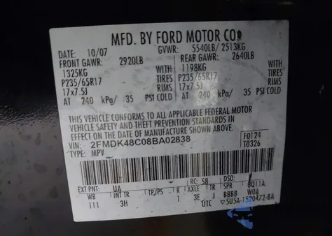 2008 Ford Edge Sel из США, поврежденный, VIN 2FMDK48C08B802838